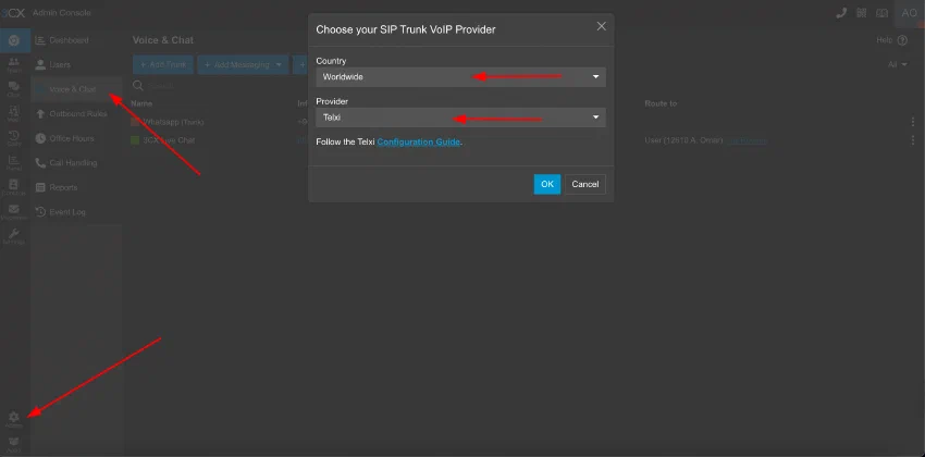 Add a Telxi trunk in 3CX