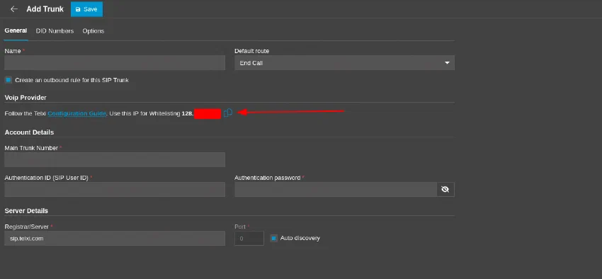 The 3CX trunk page showing the server IP