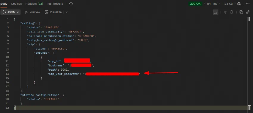 The settings response with SIP credentials