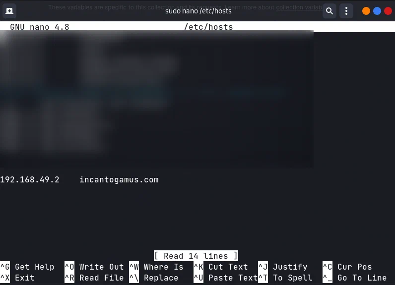 The /etc/hosts file mapping 192.168.49.2 to incantogamus.com