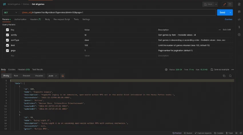 Postman request listing games from the Incantogamus API as JSON