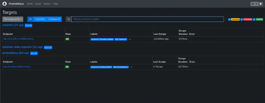 Prometheus targets page with the Asterisk, node exporter, and Prometheus jobs all up